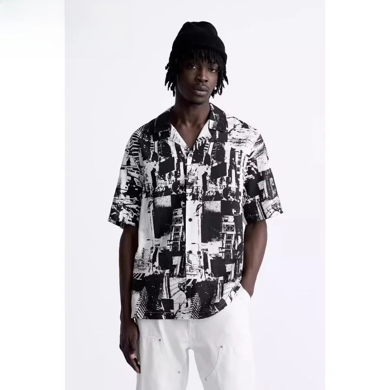 

Summer 2024 Men's Casual Printed Loose irt ort Sve Cool Haome Trendy Geometry Pattern Square Collar Other Casual