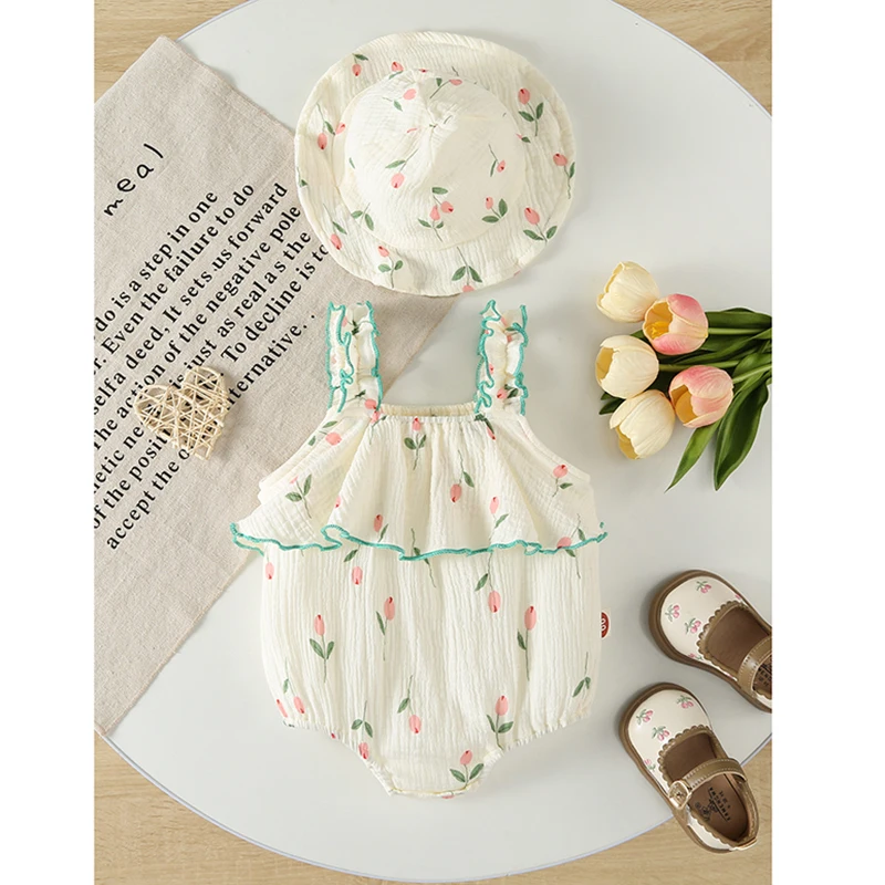 Summer Newborn Comfortable Romper with Matching Hat Pure Cotton Tulip Pattern Print Bodysuit for 0 - 2 Years Old Baby Girls