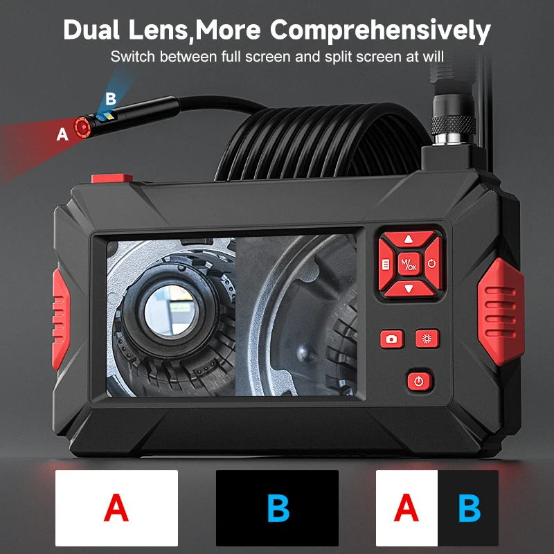 Dual Lens Endoscope Camera 4.3 Inch Screen HD1080P Aviation Plug Pipe Inspection Borescope Record Video LEDs Waterproof 2600mAh