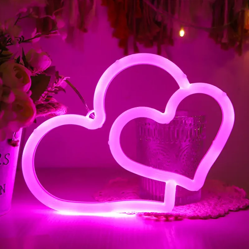 LED Neon Double Heart Shape Night Light Creative Bedroom Decoration Light, Double Sided Lighting Mini Colorful Light