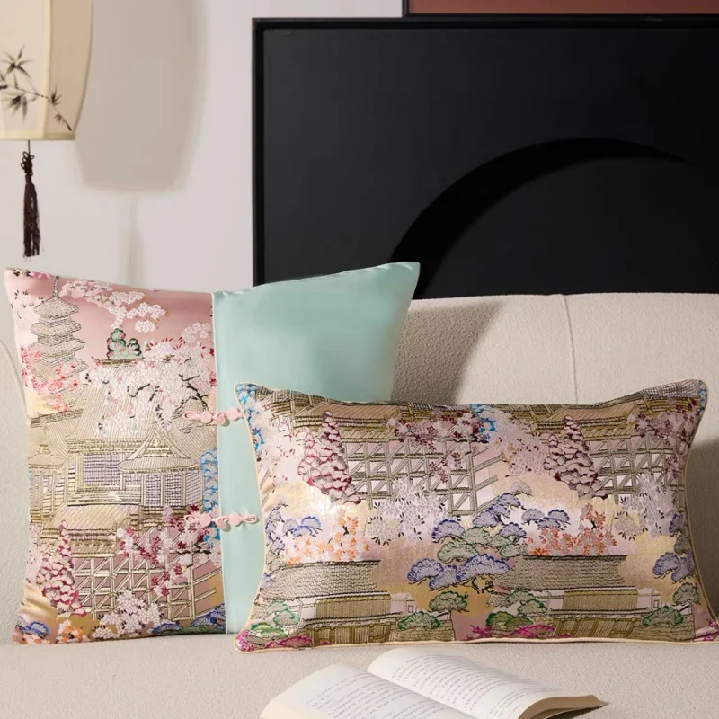 Japanese Wabi-Sabi Pillow Cover Set | Luxury Brocade Floral & Pagoda Pattern Cushion Cases | Satin Patchwork Sofa Bedroom Decor