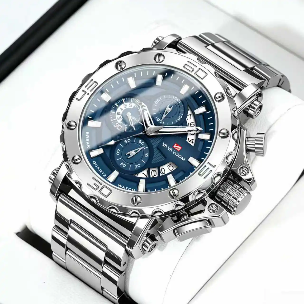 Men's Waterproof Quartz Watch Large Dial Luminous Multifunctional Steel Strip Business Clock with Six Pins
