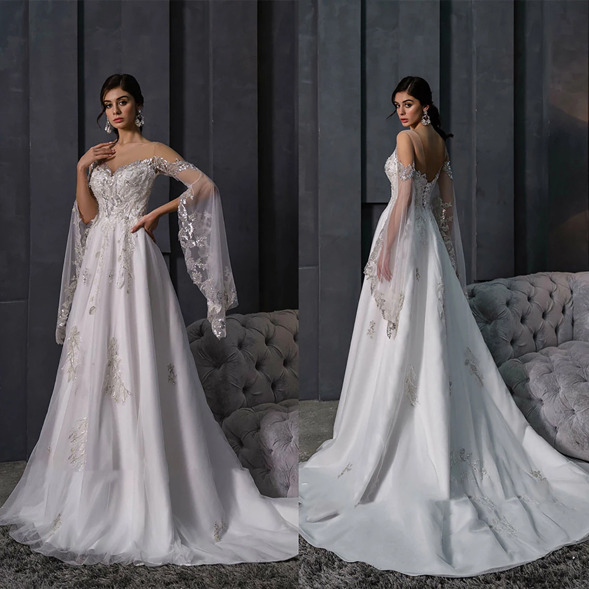 Classic  Wedding Dress Shine Prom Gowns Appliques Cape Sleeve New Sweetheart Bridal Gowns Backless vestidos de novia Customized