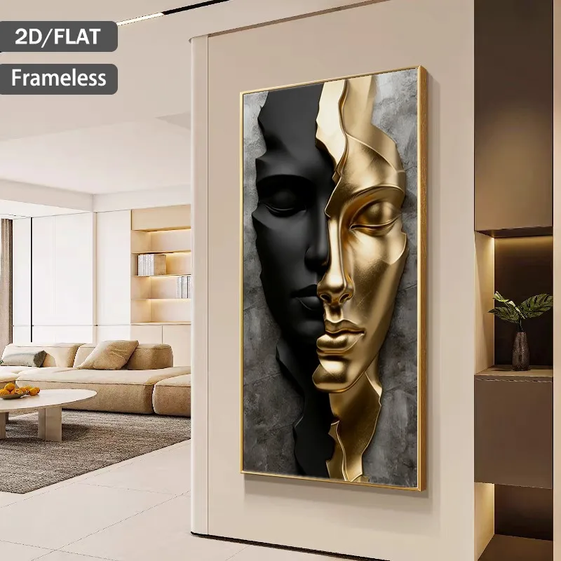 2D Flat Modern Abstract Split Face Canvas Wall Art Unframed Black & Golden Canvas Prints for Living Rooms & Bedrooms Decorations