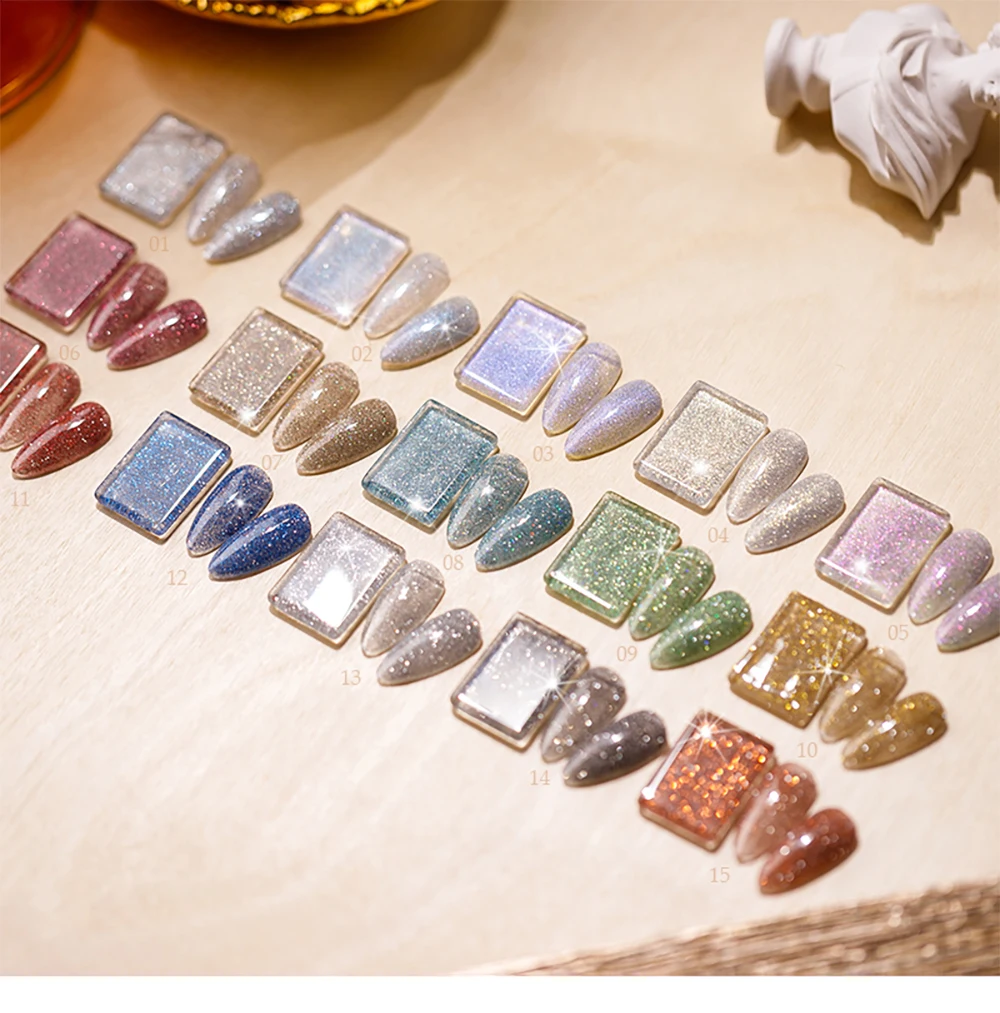 Vendeeni 15 Farben/Set Glitzer-Broken-Diamond-Gel-Nagellack, semi-permanenter Flash-Laser-UV-Soak-Off-Gel-Lack mit Display – Detail 7