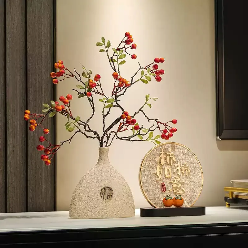 Matte Light Tone Vase Table Display Craft Red Round Berry Branch Hollow Ginkgo Leaf Hanging Paper Tag Indoor Cabinet Ornament