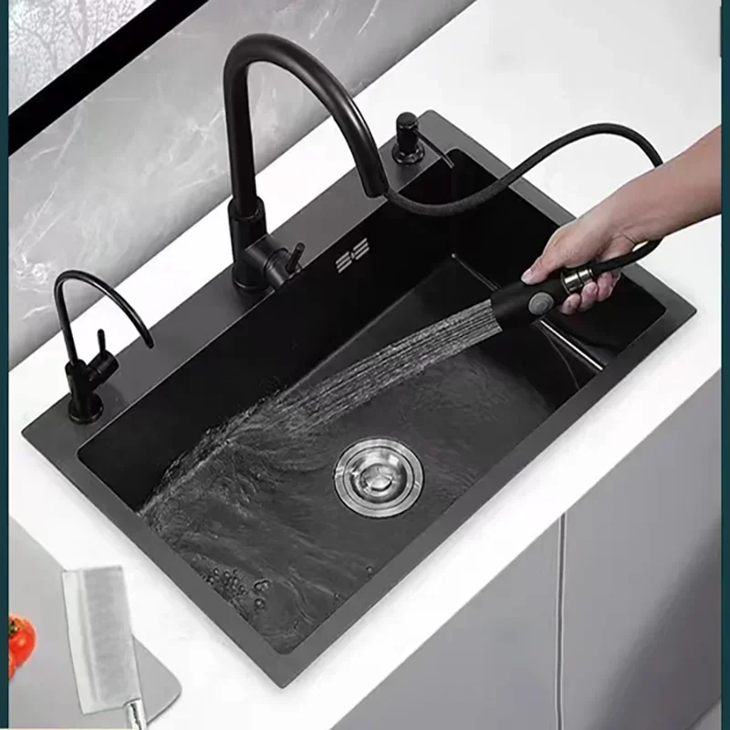 أحواض مطبخ معدنية إسكندنافية لحوض الشرفة باللون الأسود السميك نانو تصميم بسيط حوض المطبخ المنزلي للمطبخ والمطعم
