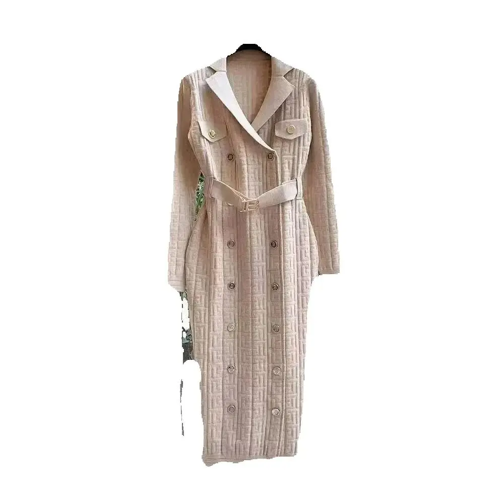 

Spring And Autumn New Fashionable Temperament Commuter Suit Collar B-Buckle Belt Slimming Long Sleeve Knitted Long Coat