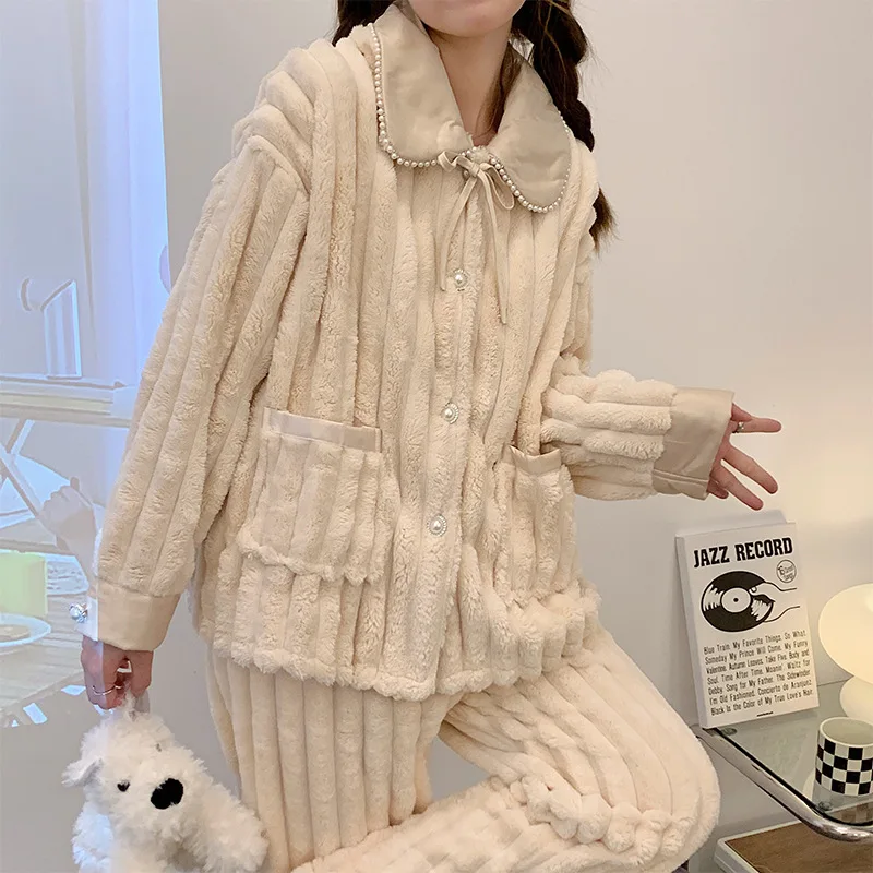 

Женский пижамный комплект из кораллового флиса, зимняя теплая фланелевая одежда для сна, уютная домашняя одежда с длинными рукавами, домашняя одежда, ночная рубашка, костюм для женщин