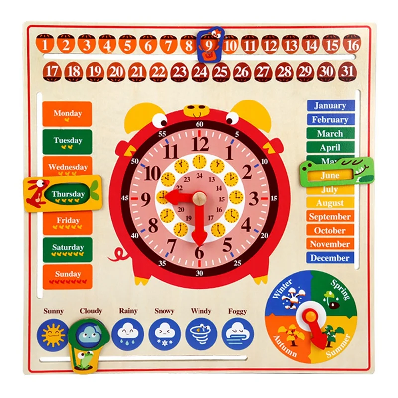 Wooden Multifunctional Calendar Clock Children's English Early Childhood Education Puzzle Hanging Board