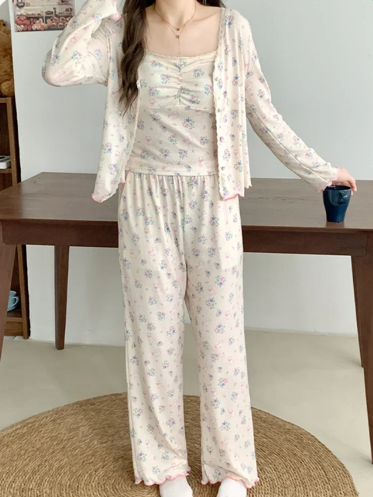 Ensemble de pyjama 3 pièces à fleurs pour femmes, vêtements de nuit rembourrés, doux, doux, mode Ulzzang, salon esthétique, collège, printemps, automne, nouveau
