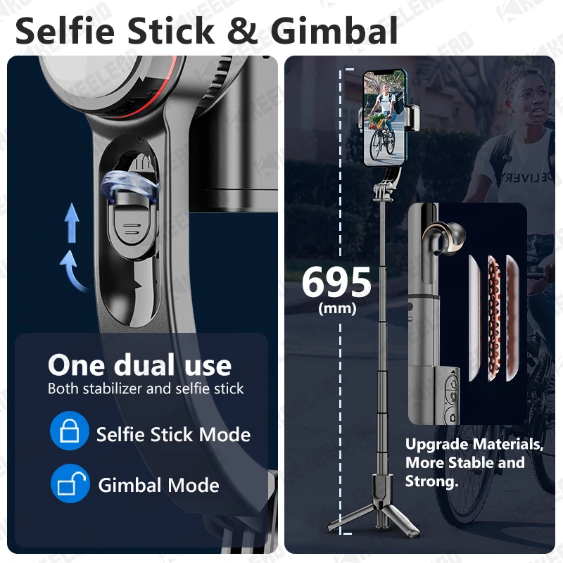 Gimbal Selfie Stick Tripod with Light,Gimbal Stabilizer for Mobile Phone with Wireless Bluetooth,Stand for Live Video Phone