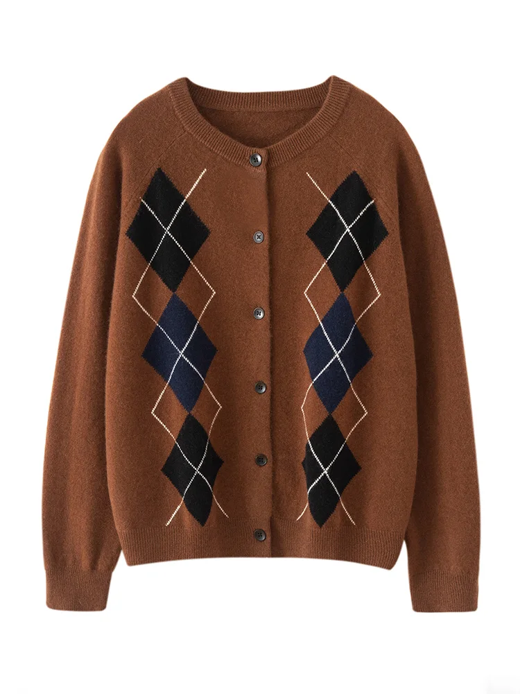 

Осень-зима, 100% кашемировый кардиган в стиле ретро, женский свитер Argyle, модная вязаная куртка с длинными рукавами в консервативном стиле