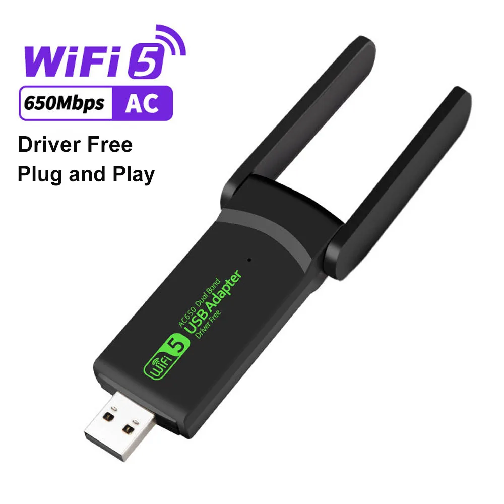650Mbps USB WiFi Adapter Driver Free 2.4G+5.8GHz Dual Band External Antenna WiFi Receiver Stable for Windows Desktop Laptop PC