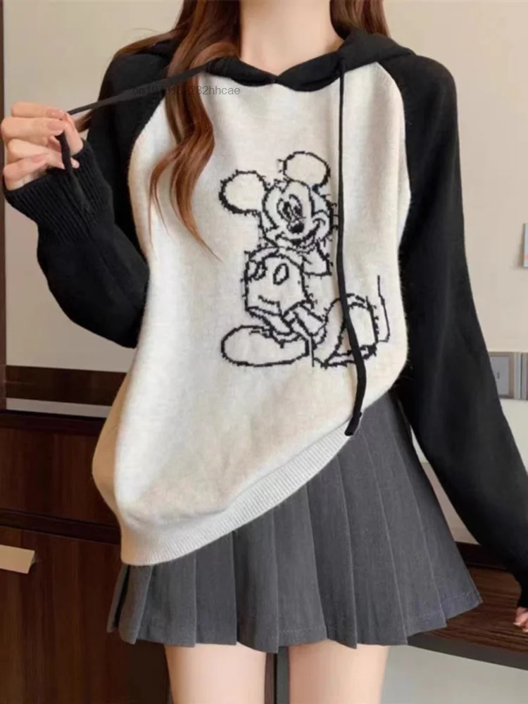 Disney Mickey Mouse Women\'s Hooded Knitted Sweater Winter Clothing New Jacquard Hoodie Yk2 Korean Fashion Style Knitwear Girls