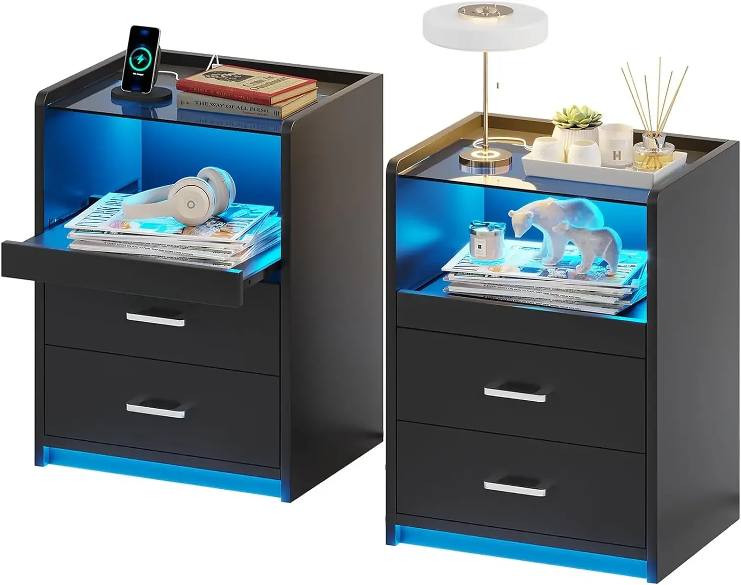 

Nightstand with Charging Station and LED Lights, Black Night Stand with Glass Top and Storage Drawers, End Side Table