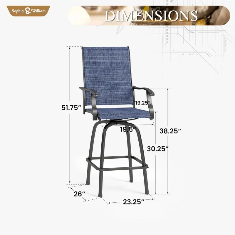 Patio Swivel Bar Stools Set of 4,  Height  Chairs, High Top  Supports 300 lbs (Blue Fabric)