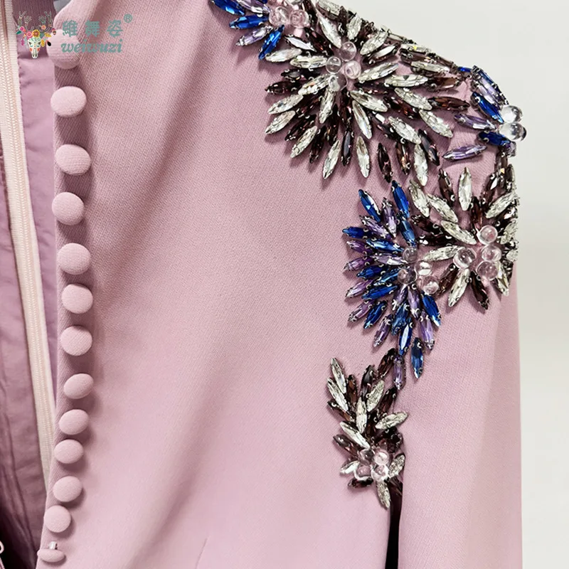 Exquisite Pink Deep V-neck Long Sleeves Buttons Evening Dress Luxury Inlaid Water Diamond Party Gown Host's Performance Costume