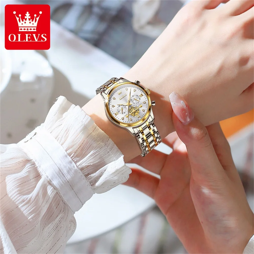 OLEVS 高級ファッションレディース腕時計トップブランドオリジナルクォーツ腕時計女性用防水発光フライホイールクロノグラフ 2897