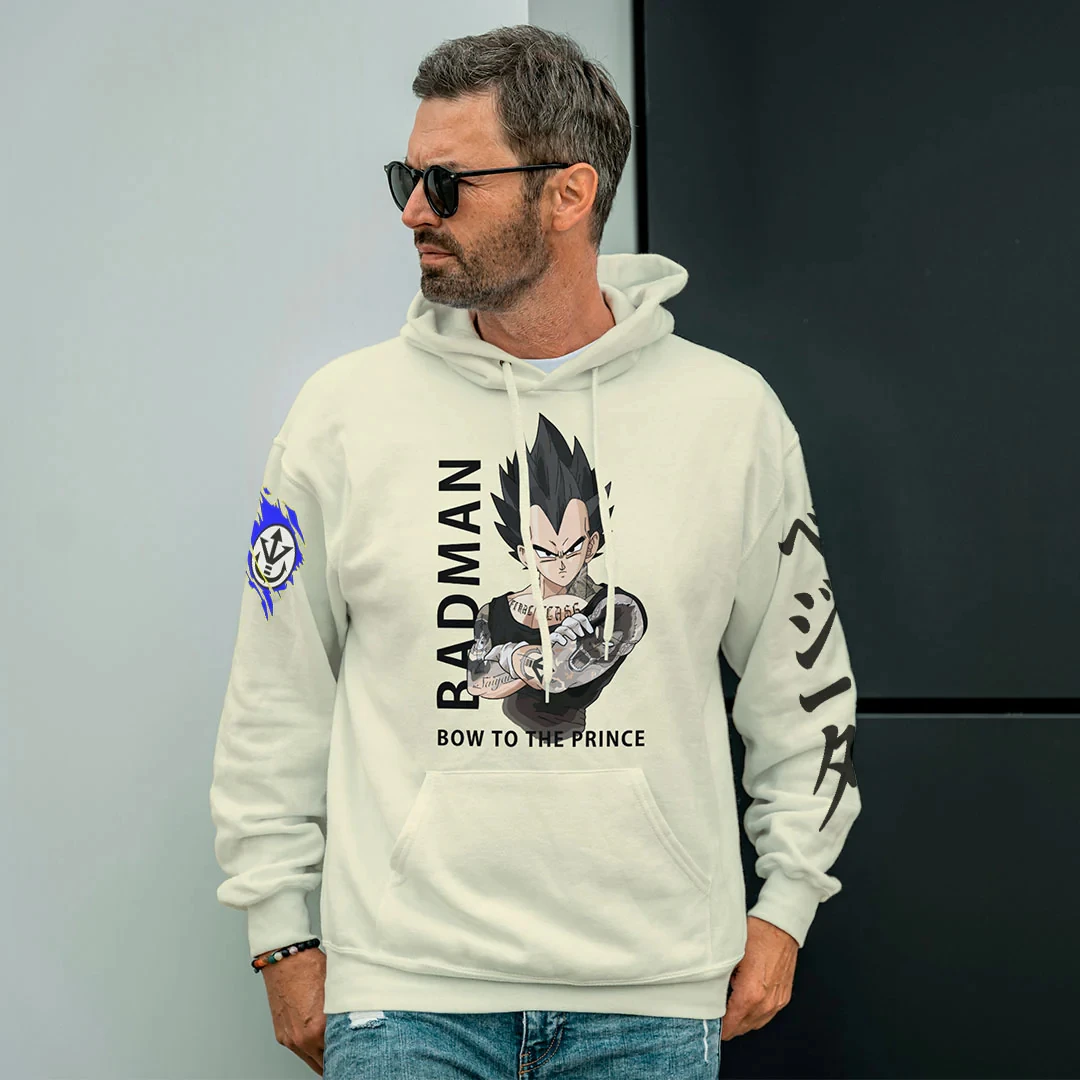 Sudadera con capucha verde de Dragon Ball con estampado de personajes Vegeta, diseño de tatuaje de brazo con pose de batalla de pelo negro con puntas para adultos y niños