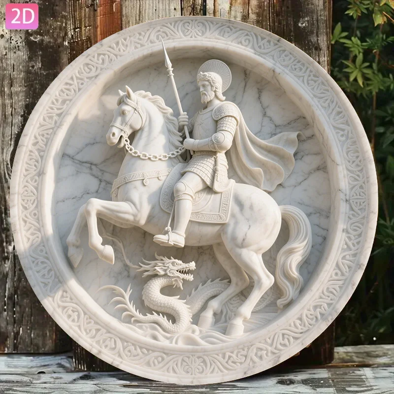 2D Flat - 2D Plane - Retro Aluminum Wall Decoration, Depicting Saint George Slaying The Dragon, Size 7.87X7.87 inch, Suitable fo