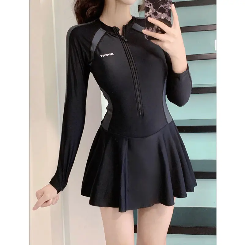 Elegant Fashion Korean Style Swimsuits Women All Match Long Sleeve Lady Swimwear Sexy Fashion Dress Patchwork Y2K Female Clothes