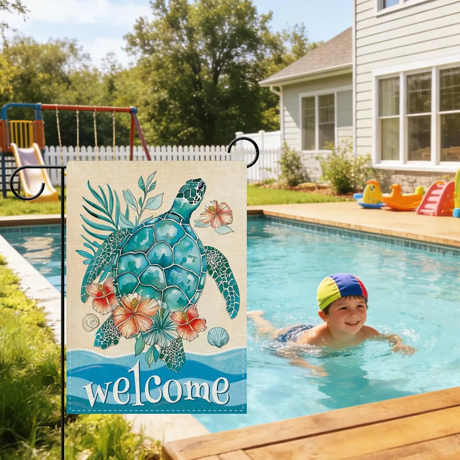 Dyrenson Welcome Summer Beach Sea Turtle Decorative Garden Flag, Hawaii Coastal Tropical Palm Leaves Hibiscus Yard Outside H jjp