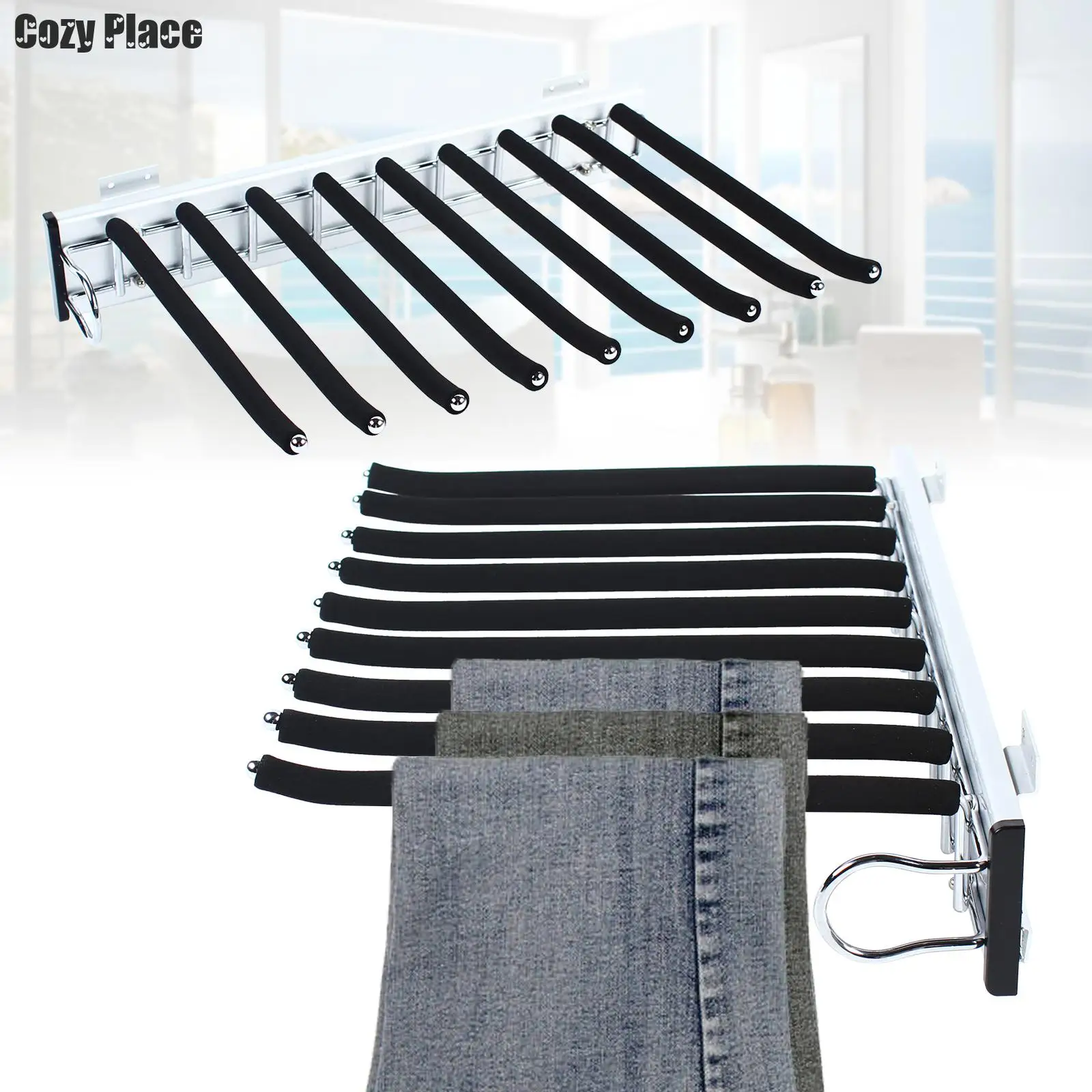 Wardrobe Trousers Rack Pull Out 9 Arms Pants Hanger Closet Rack Clothes Towel Organizer Rail Extendable Trousers Hanger L/R