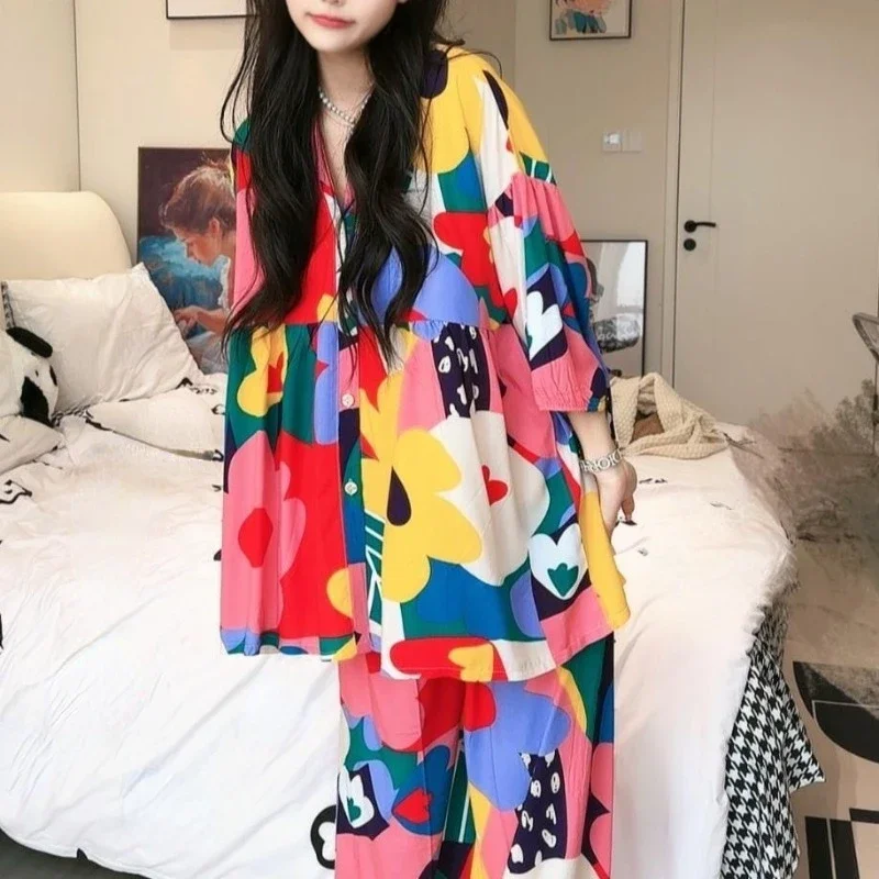 2024 Summer New Pajamas Women\'s Large Size Loose Loungewear Lantern Sleeves V-neck Sleepwear Sweet Thin 150kg Homewear Set