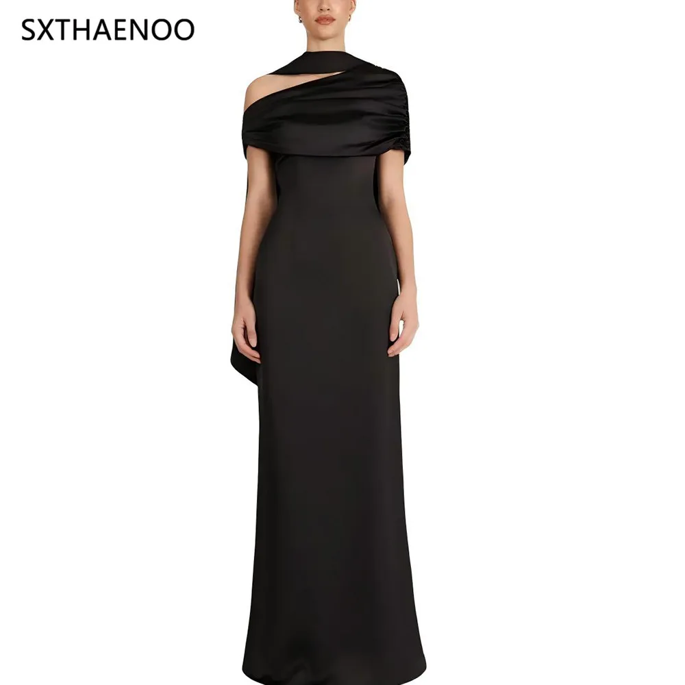 

SXTHAENOO Elegant Solid Long Dress For Women Folds Shawl Patchwork Slash Neck High Waist Slim Party Evening Dresses Temperament