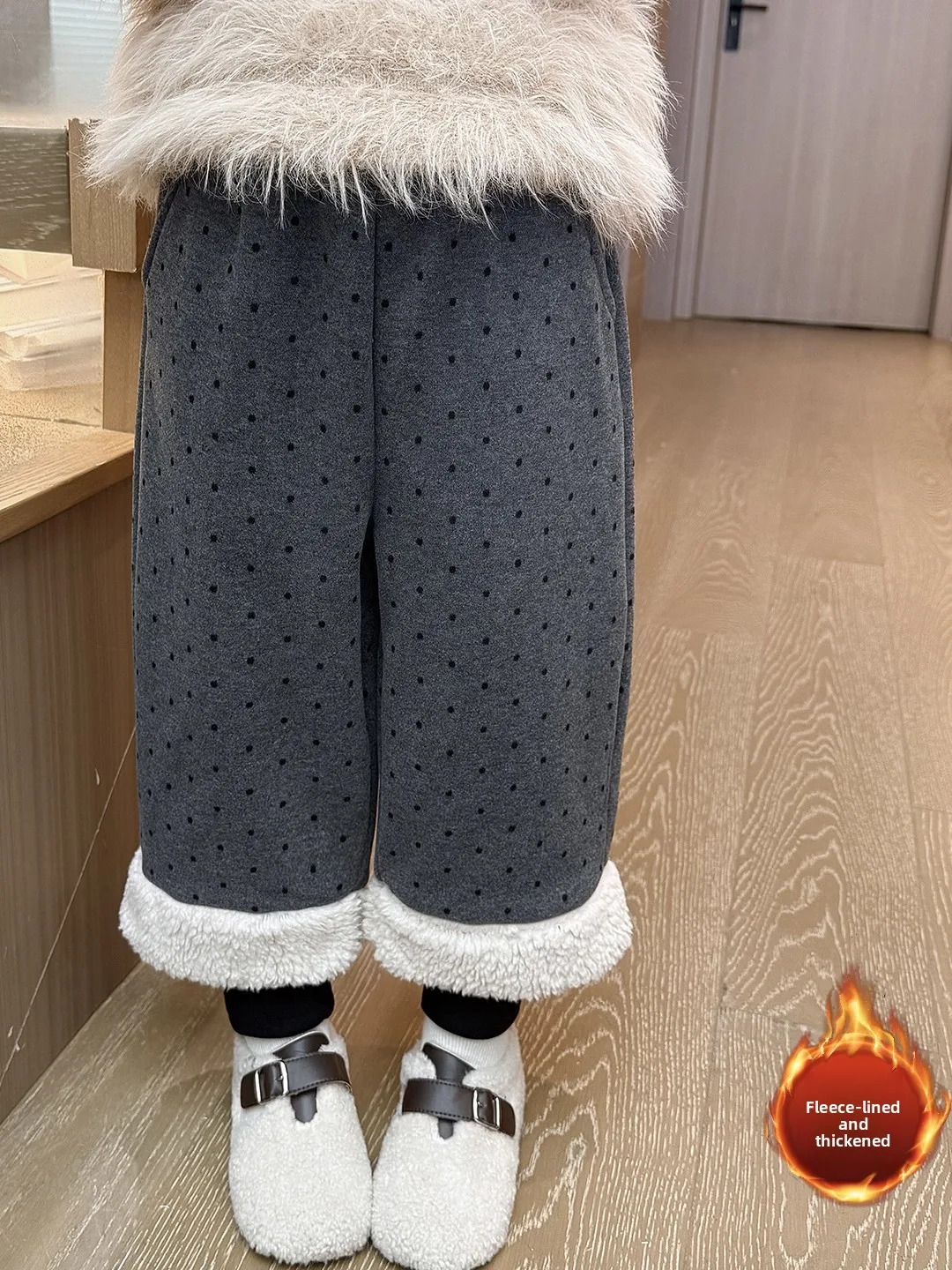 

Thiened Fce брюки в горошек для девочек с высокой талией, прямые повседневные брюки, зимние теплые хлопковые брюки с манжетами, детская одежда