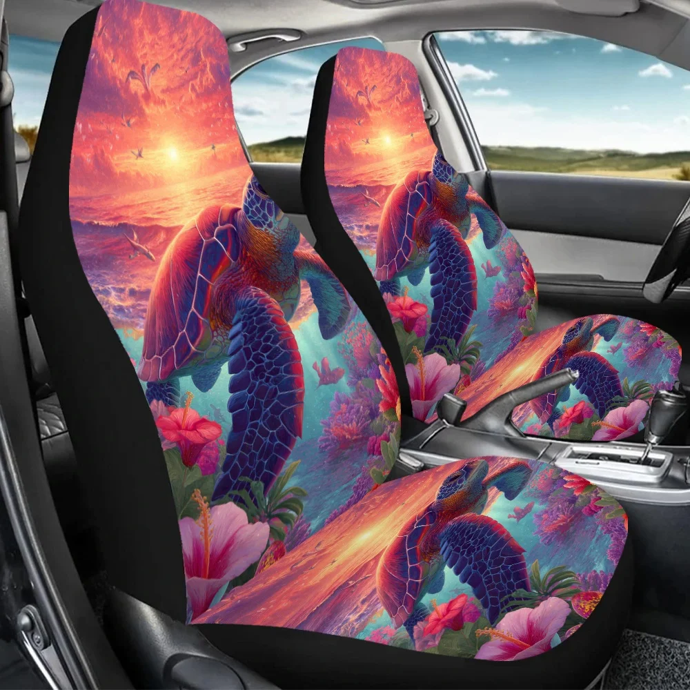 2pcs Turtle'S Ocean Dream Car Seat Covers - Vibrant Underwater Scene With Turtles, Coral Reefs & Marine Life, Fit For Cars, SUVs