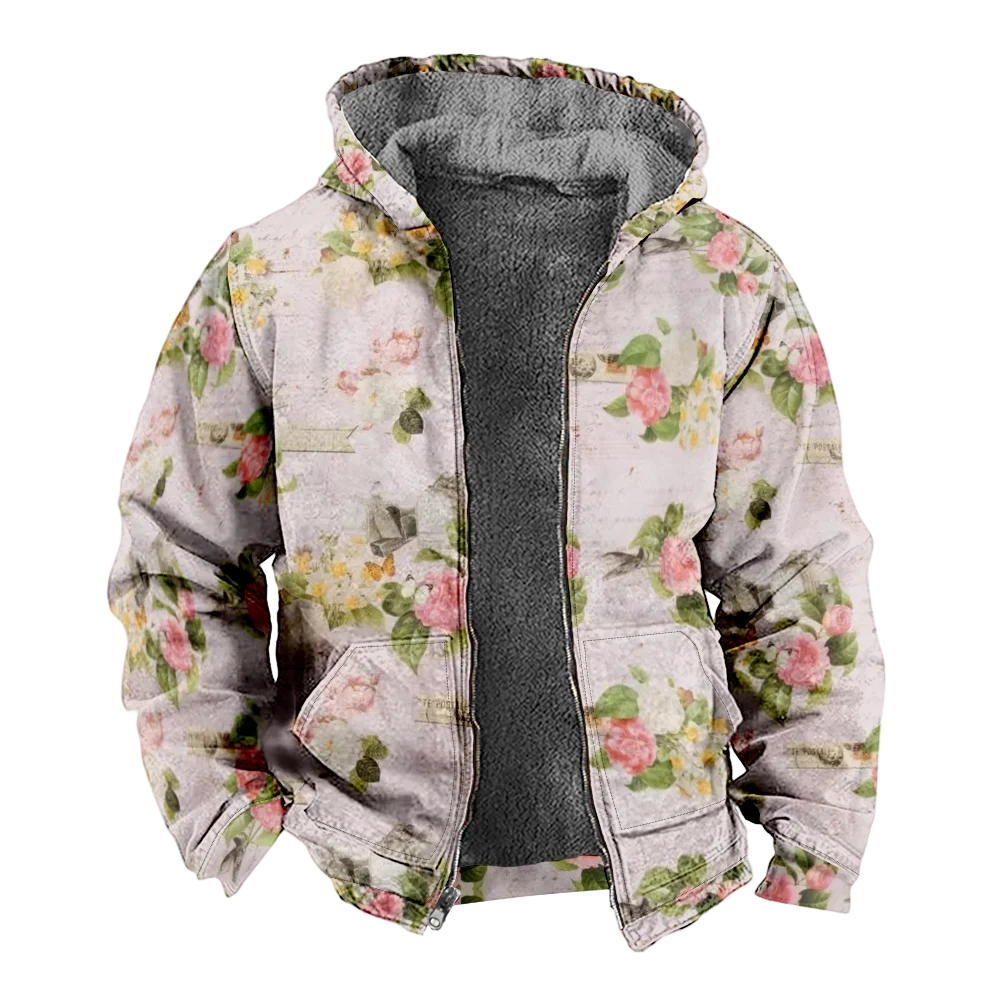 Men's Winter Jackets Coats,Green Floral Pattern Cotton Clothes Overcoat Sophisticated Chic CASUAL