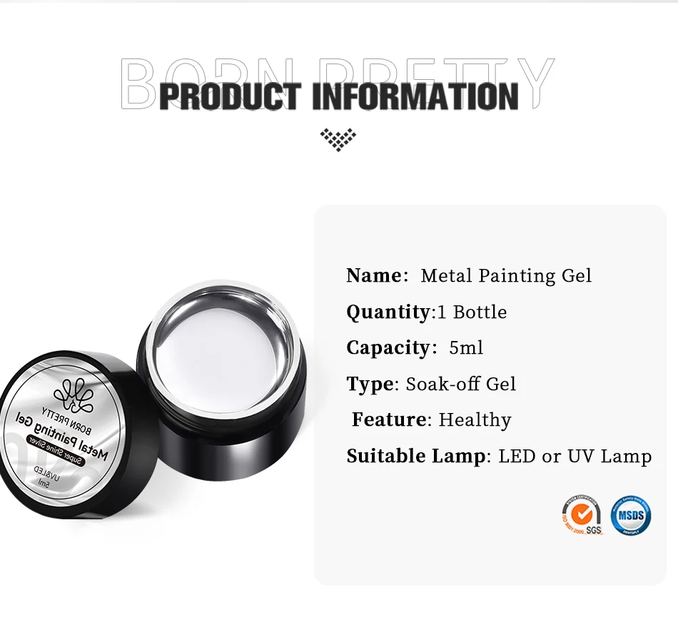 BORN PRETTY Super Heller Metallischer Malgel-Lack 5ML Gold Silber Metall-Gel-Nagellack für Blumenzeichnungen, Linien und French Nails – Detail 7