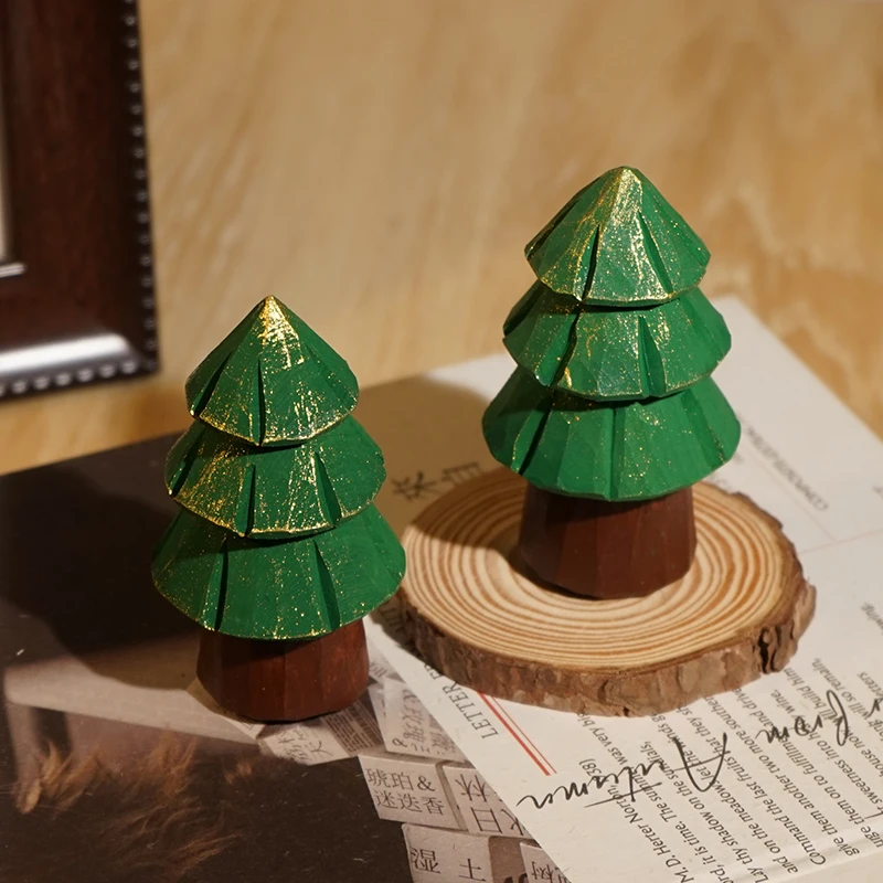 

Golden cedar tree handmade wood carving small ornaments, table decoration atmosphere props, Christmas gifts