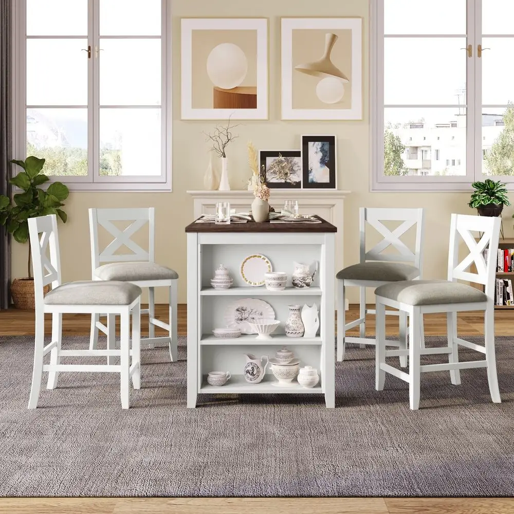 

5 Pieces Counter Height Rustic Farmhouse Dining Room Wooden Bar Table Set with 4 Chairs, White