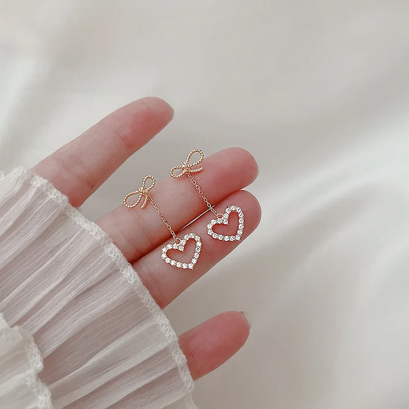 CIAXY Silver Color Bownot Stud Earrings for Women Hollow Heart Earring Korean Fashion Luxury Jewelry Party Gifts