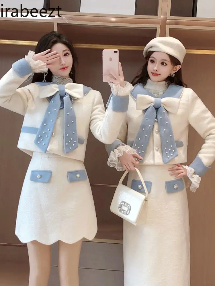 Fashion Streetwear Bow Tie Pearl Embellished Design Elegant Suit Fashionable Commuter Long and Short Skirt Two-piece Set