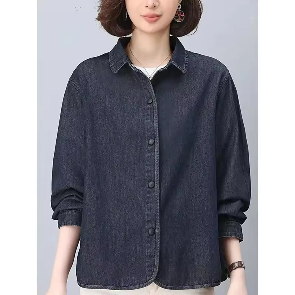 Camisa vaquera con cuello vuelto para mujer, nueva moda primavera-otoño, blusa vaquera holgada de manga larga para mujer, estilo cowboy, prenda exterior elegante.