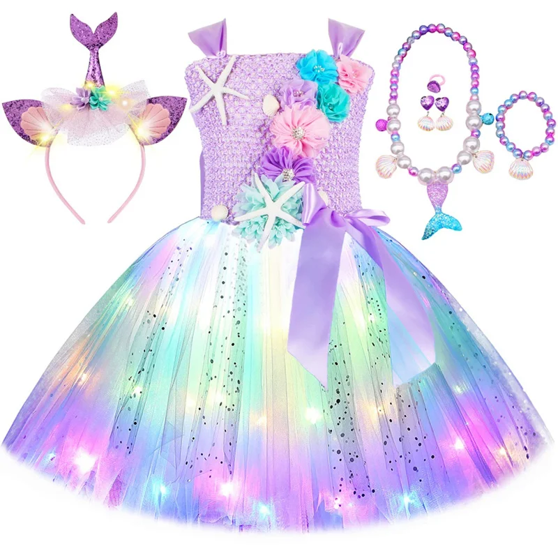 Princess Mermaid Dress for Girls LED Light Up Ocean Themed Birthday Party Tutu Dress Clothes Halloween Costume for Kids Vestidos