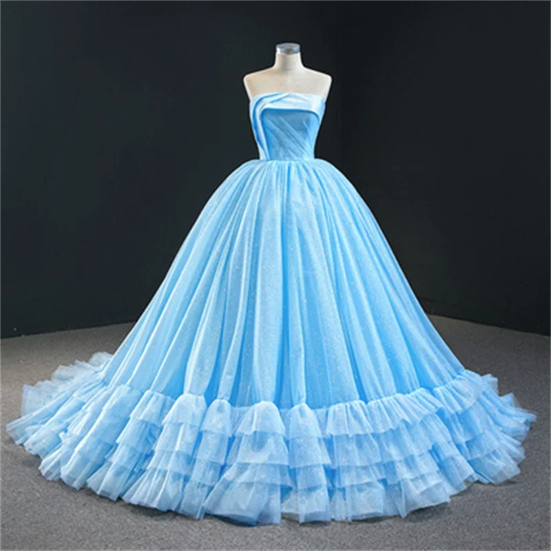 Robe Quinceanera bleue ciel, robe de bal sans bretelles, longueur au sol, Tulle bouffant, robe péruvienne douce, 16, 15 Anos