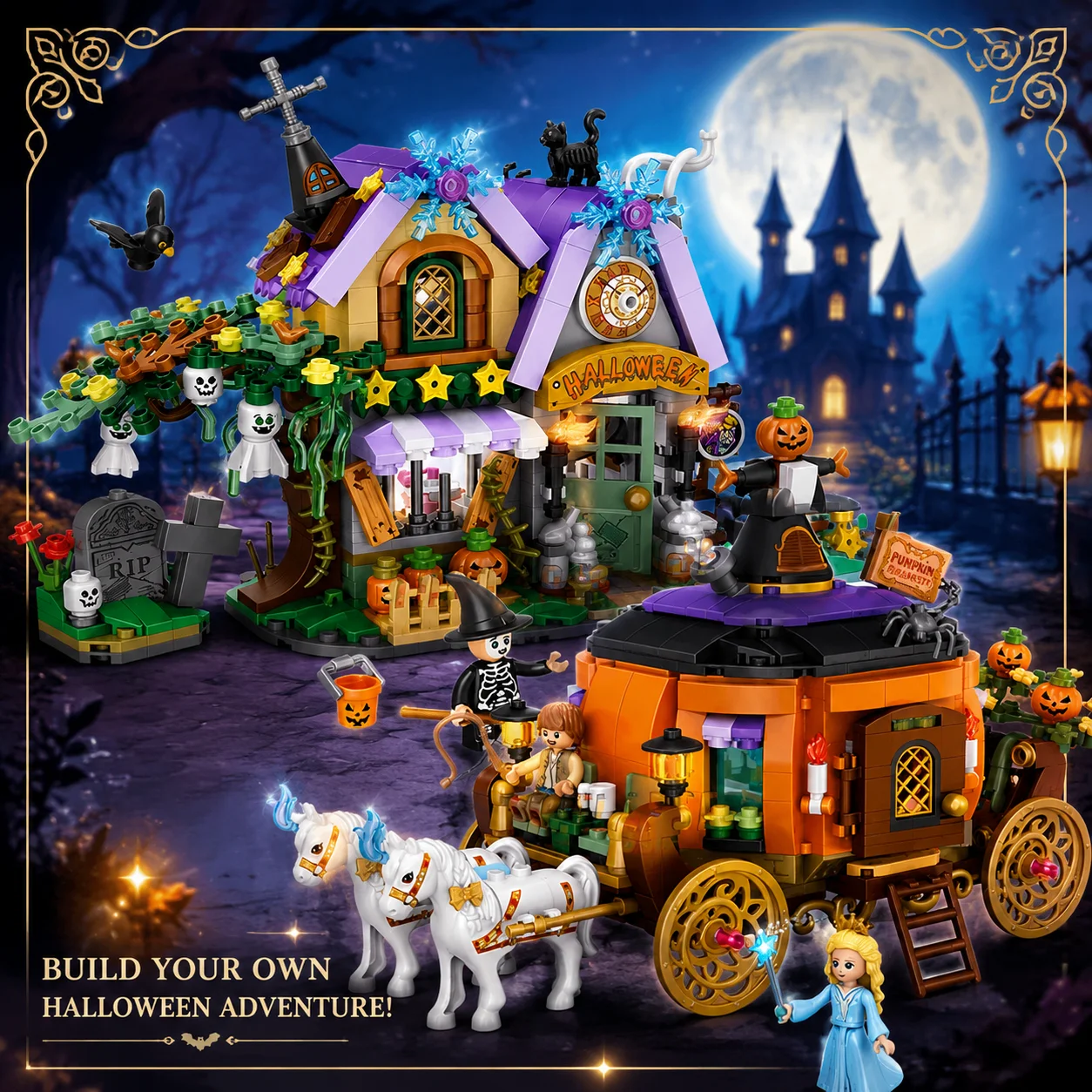 New Street View Halloween Pumpkin Cart Shop Store House Building Blocks Kit Travel Toy Girls Kids Bricks Model Children