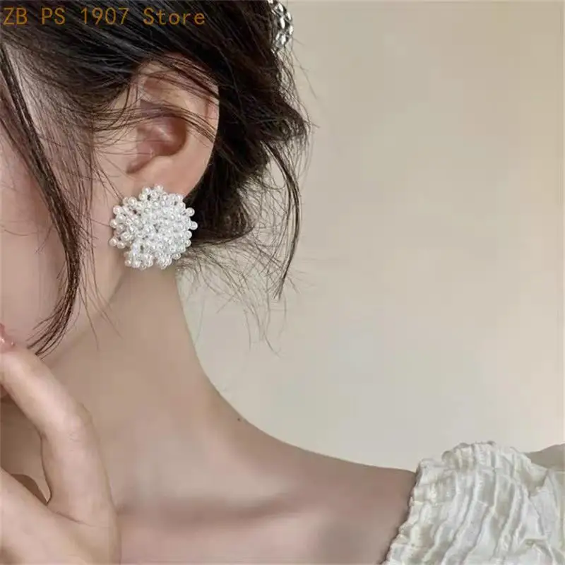 Floral Bead Ear Studs with Dimensional Rounded White Clusters 55KA