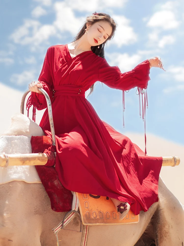 Khalee Yose – robe Maxi rouge Vintage Chic, col en v, manches longues, Style chinois Boho, à volants, pour les vacances, automne