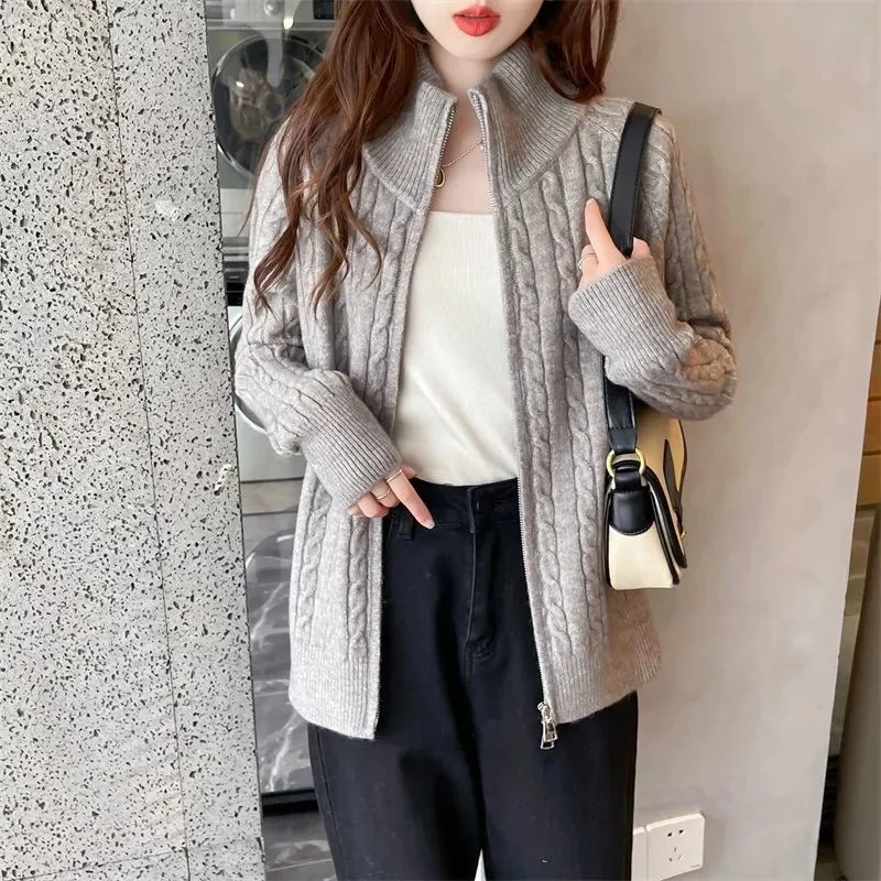 2026 Winter New Thick Turtleneck Cashmere Knitted Cardigan Women Casual Knit Loose Wool Sweater Female Tops