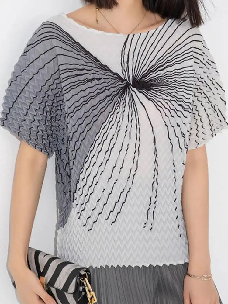 Color Fashion Contrast Pleated T-shirt Women Round Neck Short Sleeves Printing Tops Casual 2023 New Clothing 2KE0B