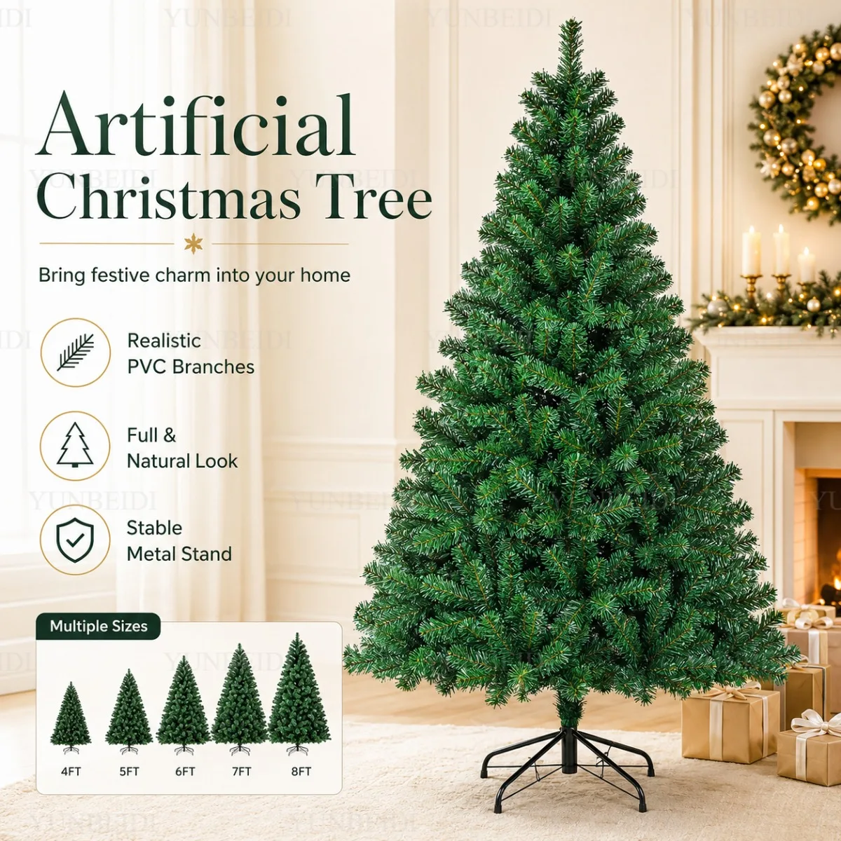 Künstlicher Weihnachtsbaum aus verschlüsseltem PVC mit LED-Lichterketten, großer Weihnachtsbaum 120cm bis 240cm, Familien-Weihnachtsdekoration