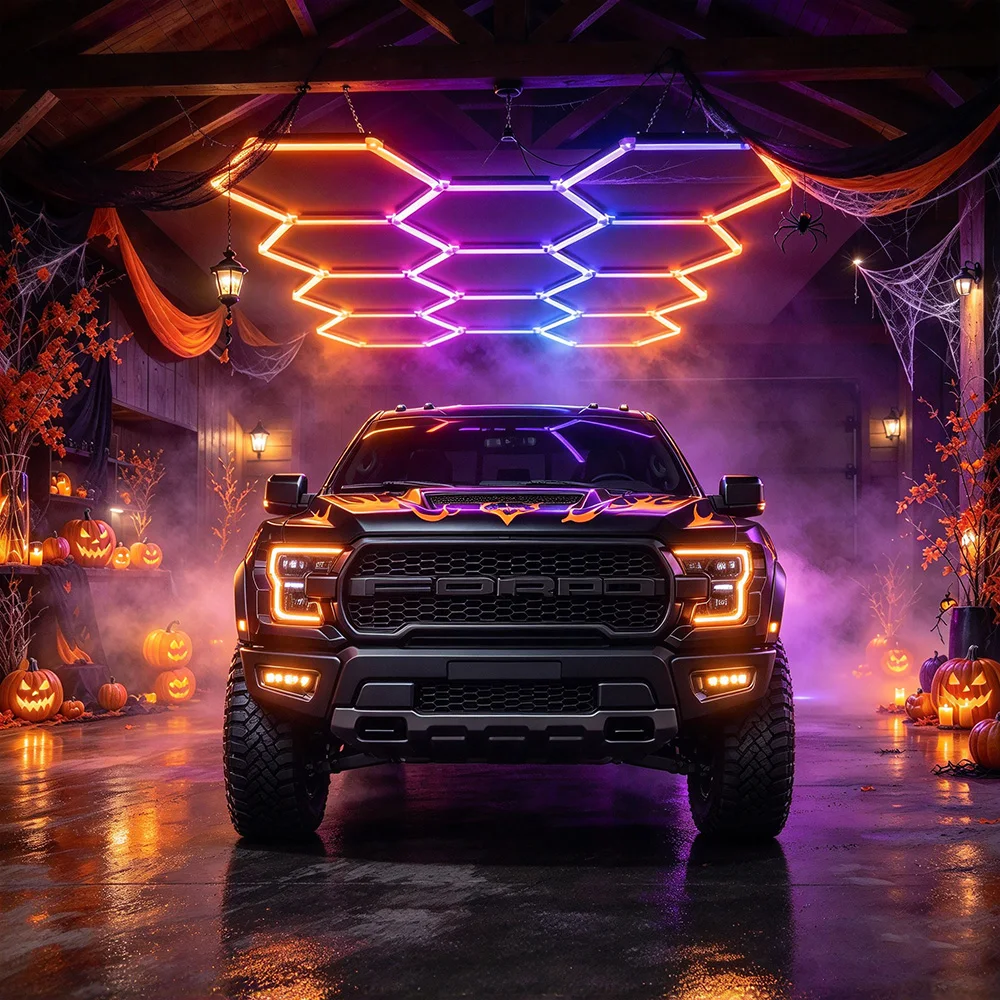 RGB Hexagon LED Garage Lights Music Sync Remote Control Linkable Honeycomb Ceiling Light Halloween Decor Neon Lamp for Car Detailing Workshop Garage Bar Gym