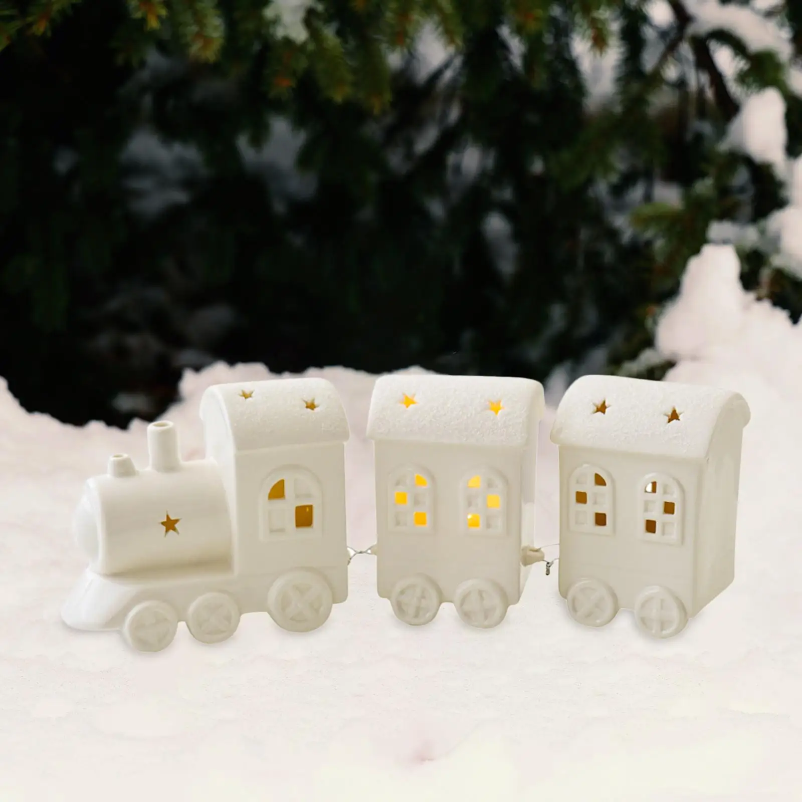 Light up Christmas Train Luminous White Porcelain Train Statue Desktop Ornament