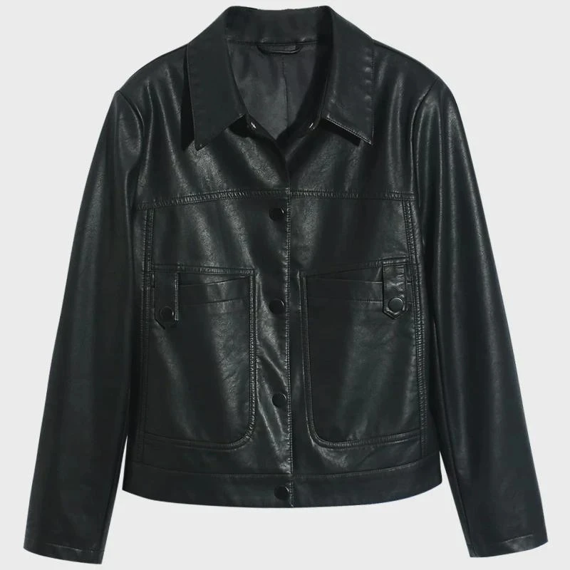 ピュアカラーのレザージャケット レディース 春秋 2024 新作 カジュアルトップス ヨーロッパ風 高級感のあるコート